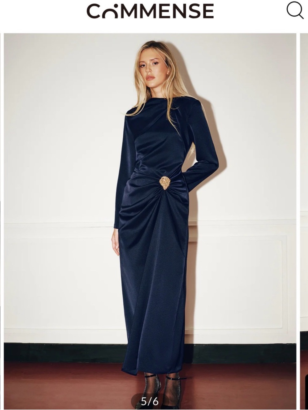 Commense Navy Long-Sleeve Ruched Maxi Dress with Gold Accent